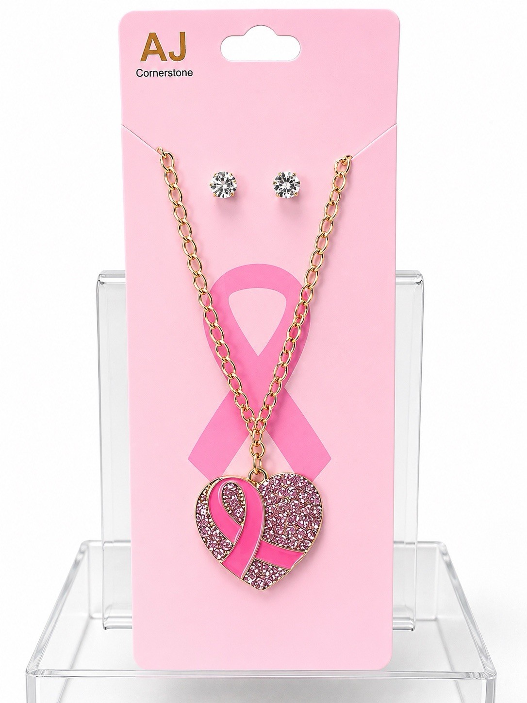 AJ Cornerstone Gold Tone Pink Ribbon Heart Rhinestone Charm Cable Necklace