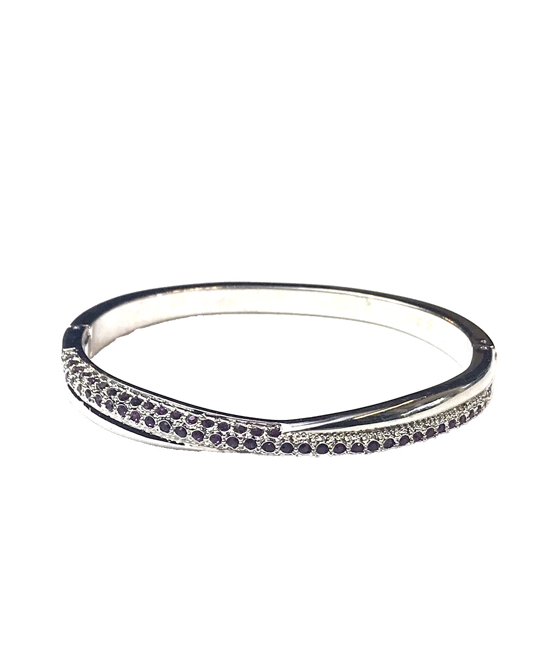 Silver Tone 1/2 Inch Wide Purple Crystal Rhinestone Hinged Bracelet 7 Inch