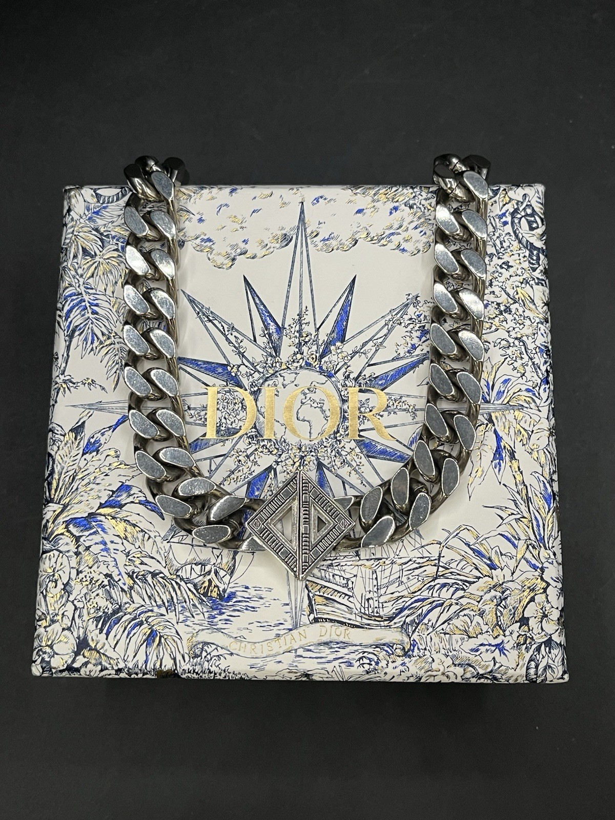 18” Christian Dior Chain Necklace Palladium Plated W Box & Pouch