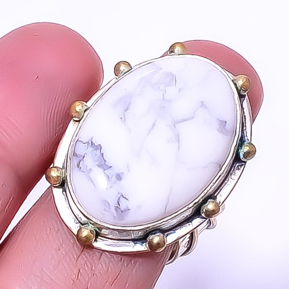 Howlite – Usa Gemstone 925 Sterling Silver Two Tone Gold Plated Ring s.8.5 A330
