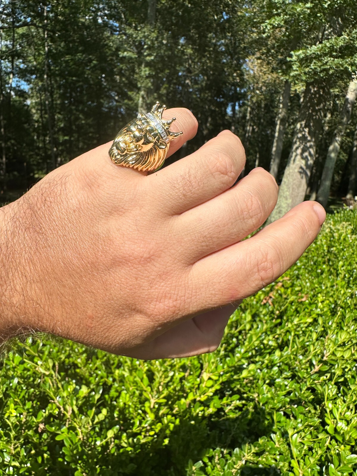 Lion W. Moissanite Baguette Crown 3D Mens Ring – 14k Gold Over Real 925 Silver