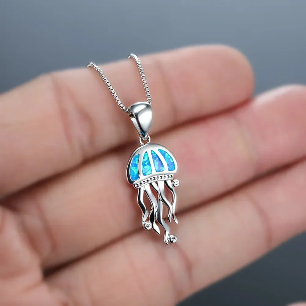 Women’s Fashion Blue Opal Jewelry Silver Jellyfish Pendant Necklace Chain