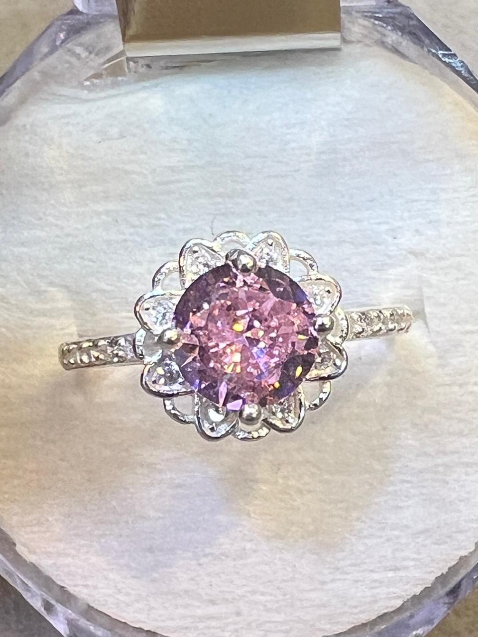 925 Silver Halo Ring, Pink Zircon Flower Engagement Ring, Handmade Promise Gift
