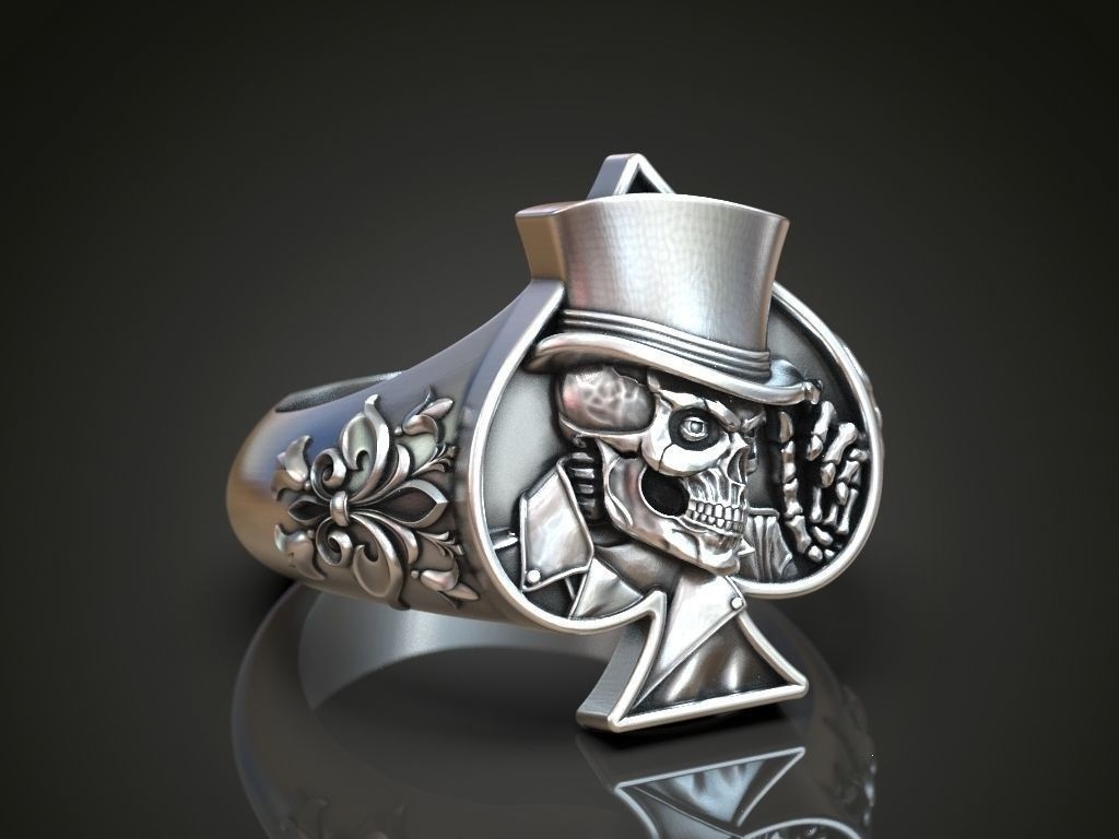 Oxidized Men’s Skull Playing Card Spades Hat 925 Sterling Silver Statement Rings