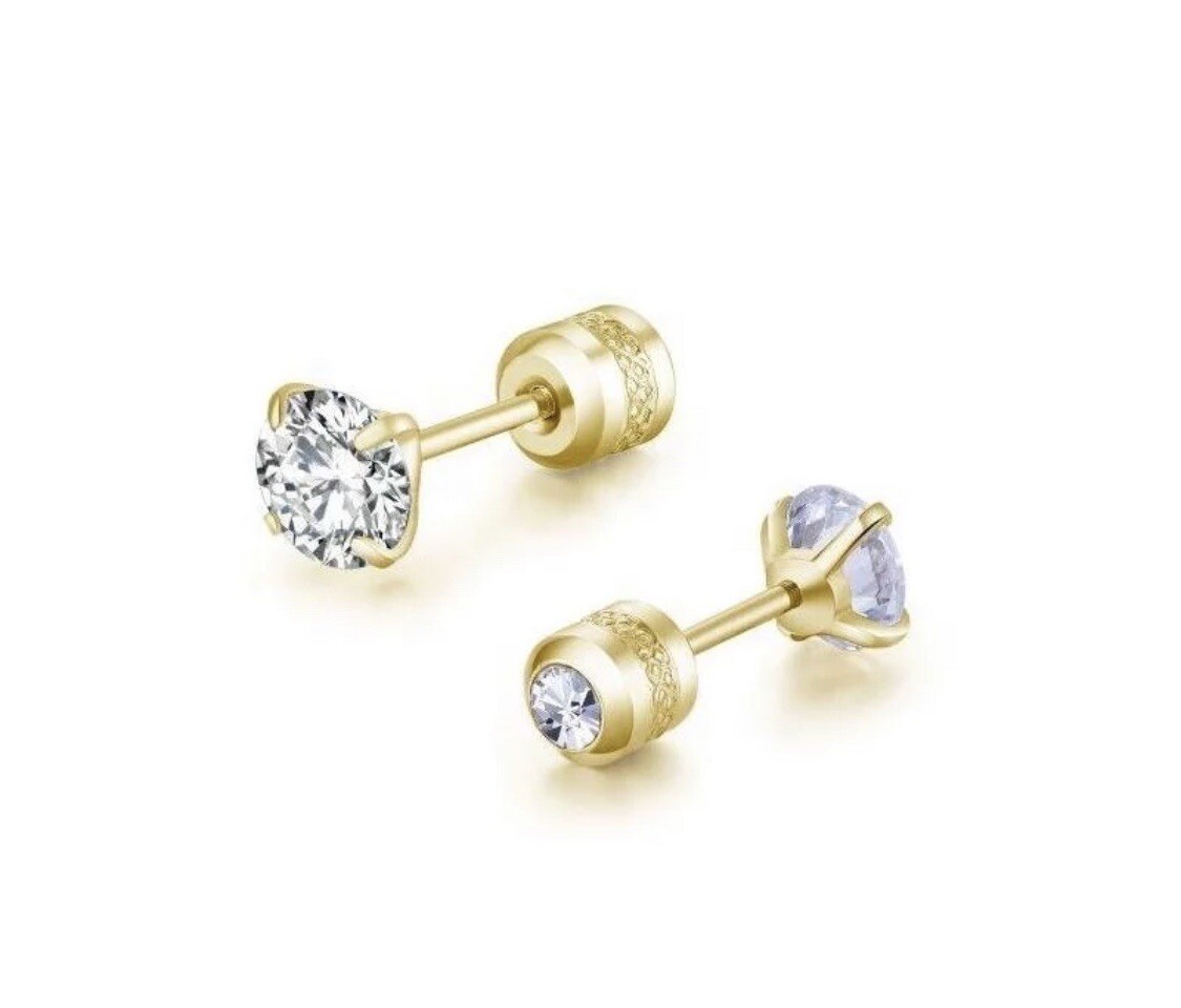 2PCS Silver Stainless Steel Round CZ Earrings Screw Back Ear Stud for Men Women
