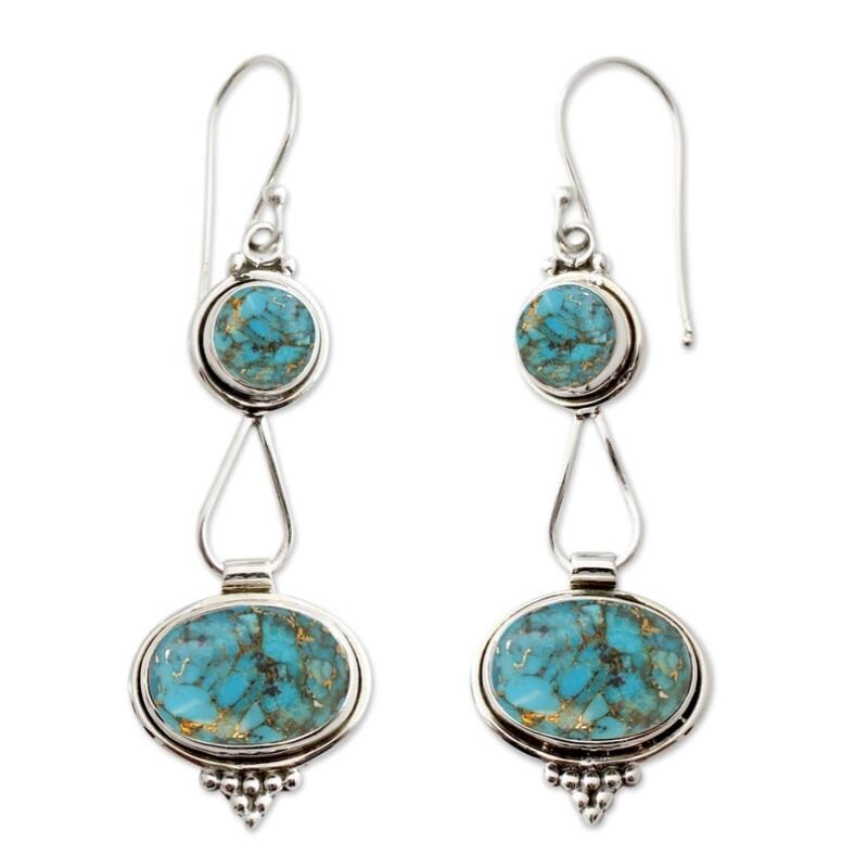 925 Sterling Silver Women Handmade Blue Copper Turquoise Beautiful Long Jewelry
