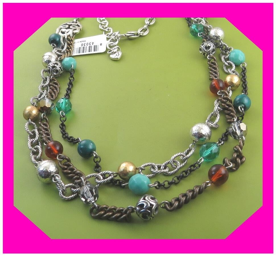 BRIGHTON FOXFIRE Multi Colors Beads Silver Triple Strand NECKLACE NWtag $102 75%