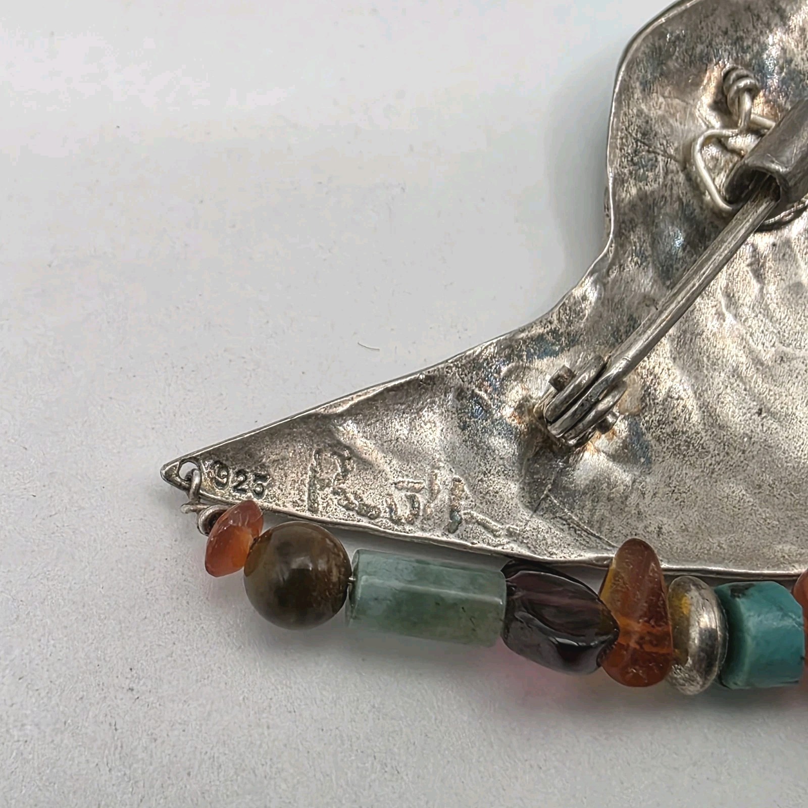 Vintage Signed Sterling Silver Bird Shaped Brooch Turquoise and other Gemstones