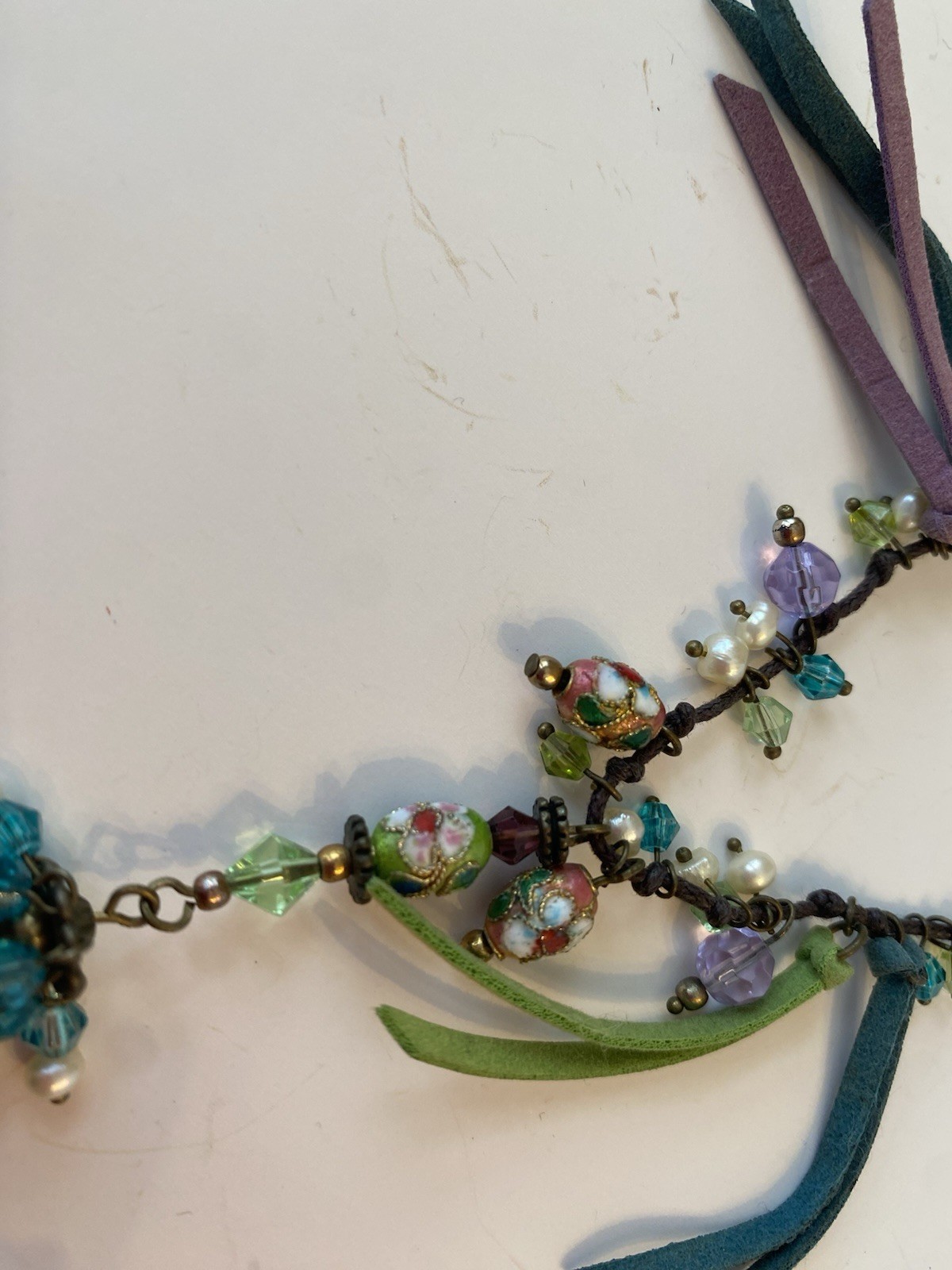 Handcrafted Multicolor Glass Beaded Tassel Pendant Necklace, Leather Cord, Brass