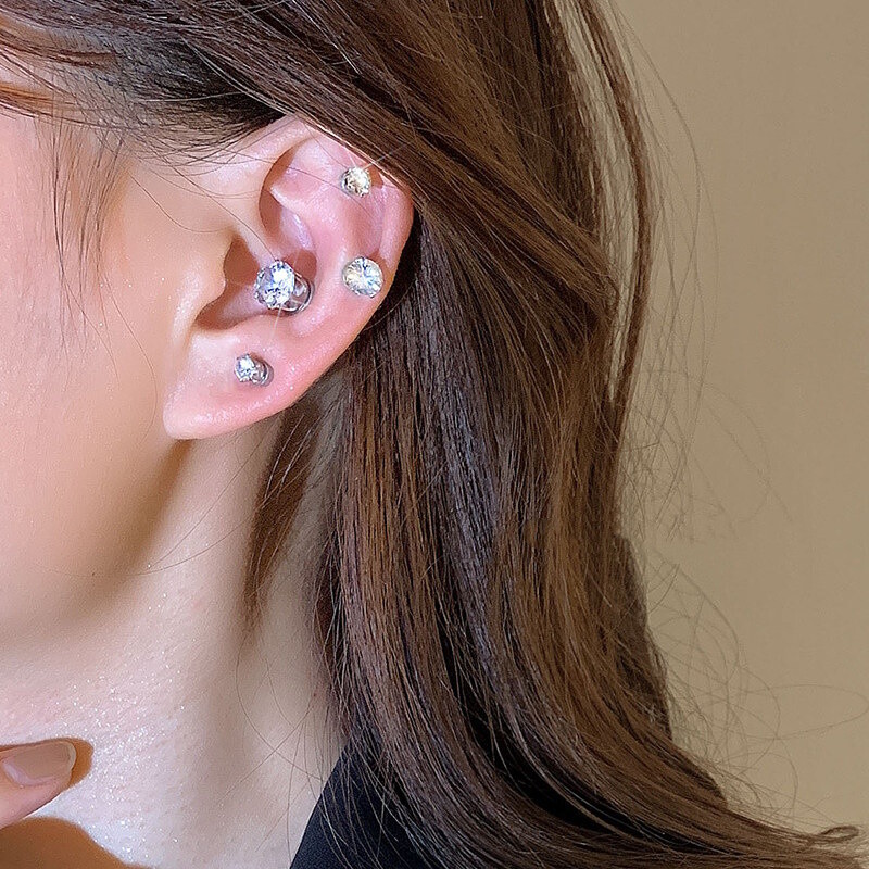 2PCS Non-Piercing Clip On Round Clear CZ Magnetic Stainless Steel Stud Earrings
