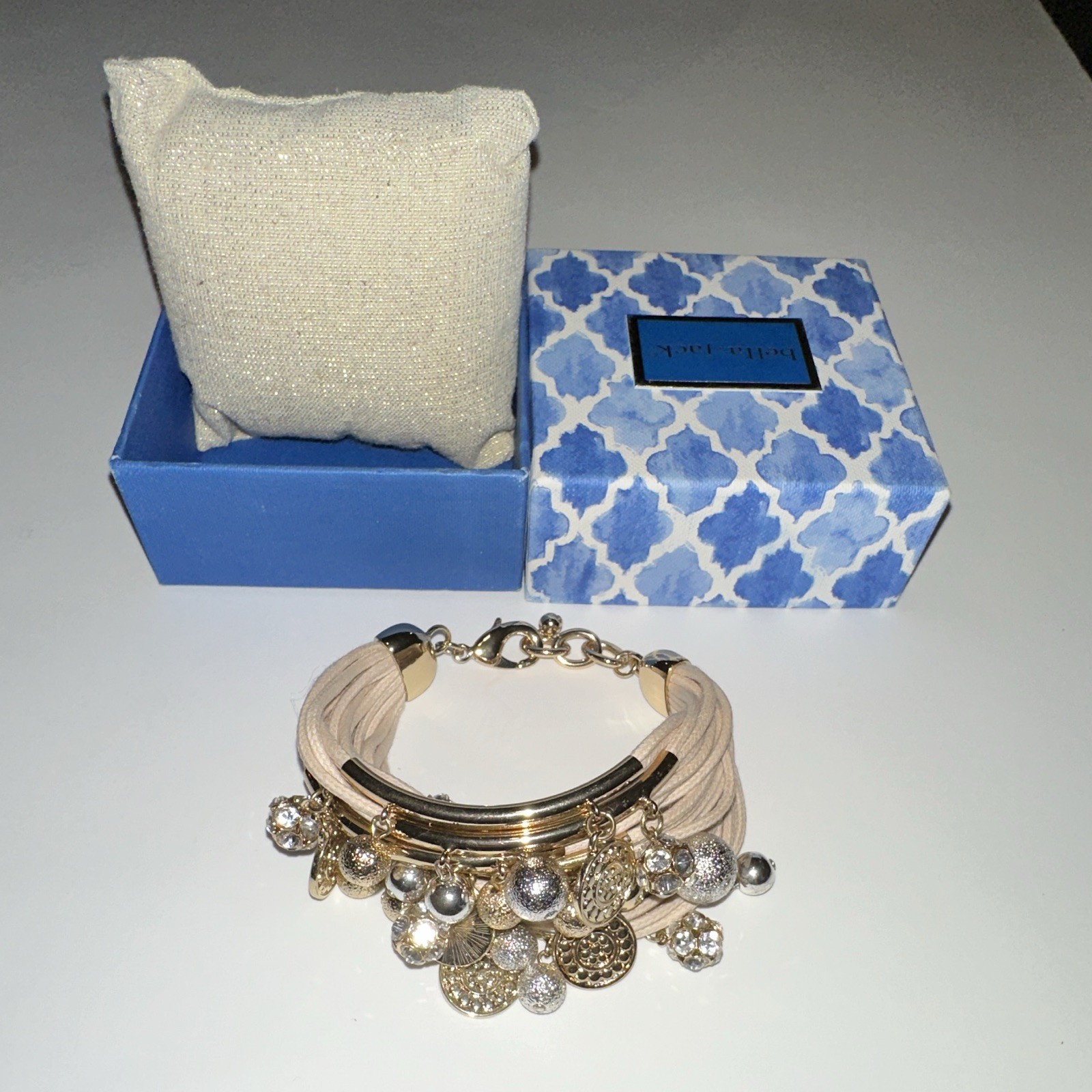 Bella Jack Layered Multi Strand Cuff Bracelet Gold Tone Coin Charms Beads Box