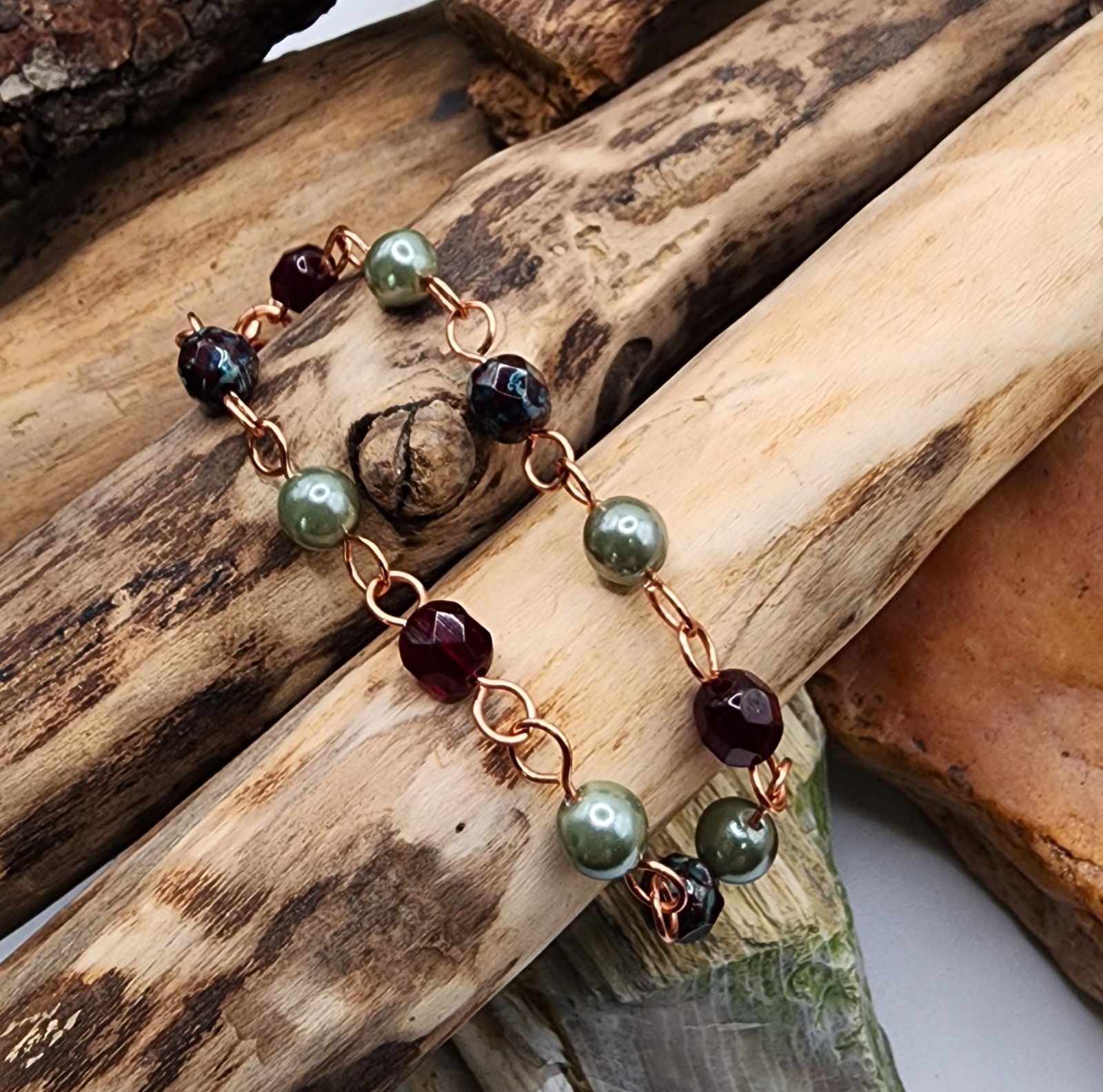 Handcrafted Copper Chain Bracelet with Czech Garnet, Sage Green and Burgundy Red