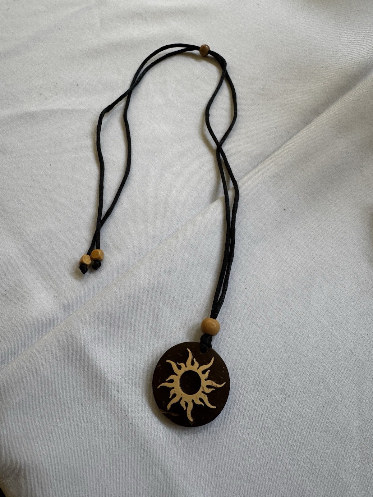 Brown Cord Necklace Round Sun Charm Pendant Wood Bead Adjustable Slide Closure