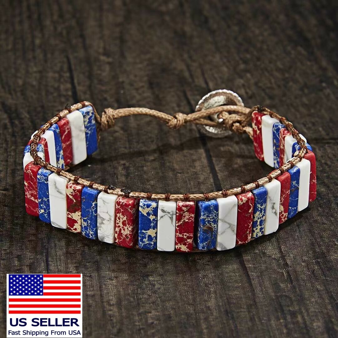 Unisex Natural Emperor Stone Bracelet American Flag Hand Made Knitted 0680