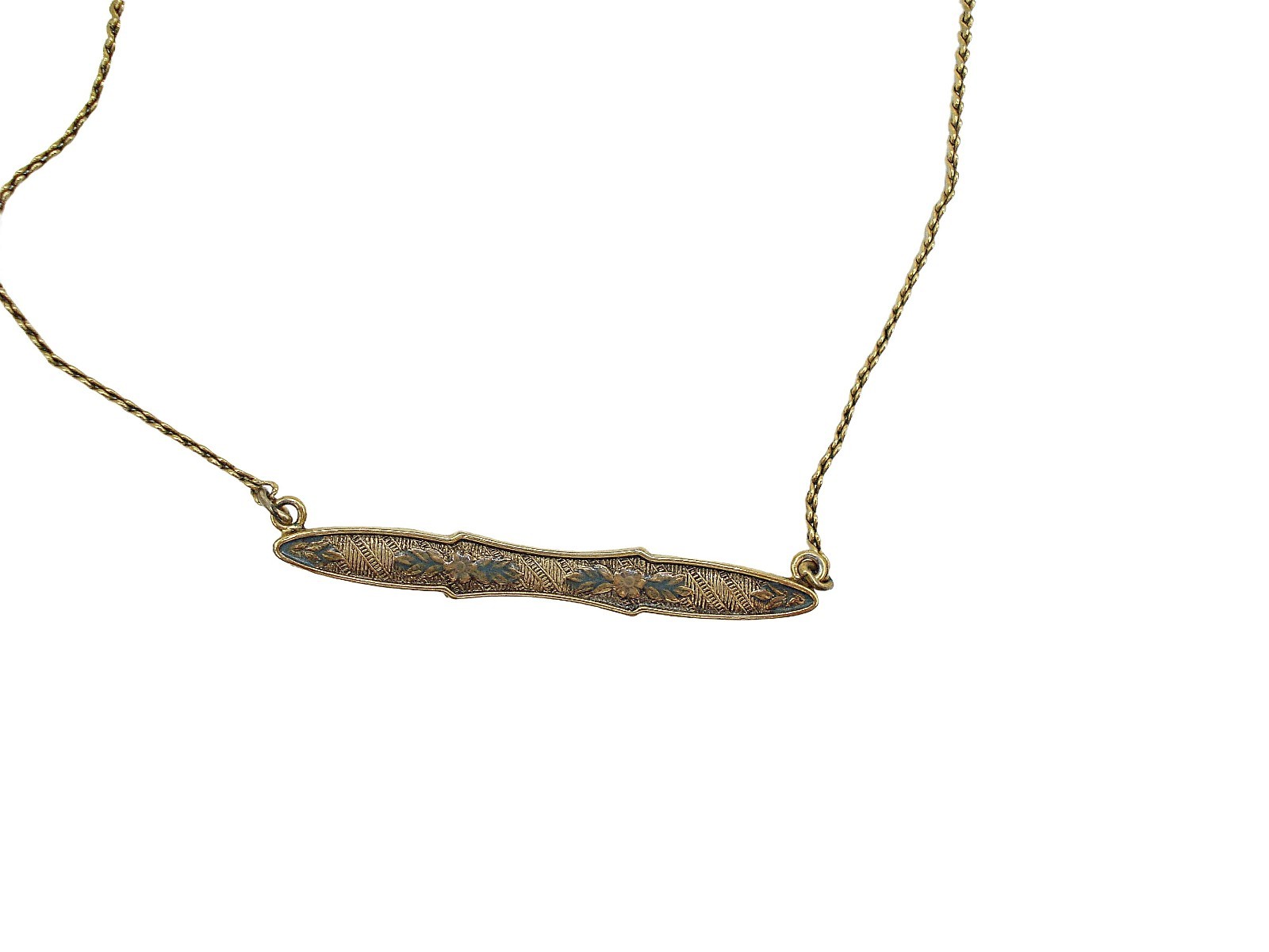VINTAGE 1928 VICTORIAN REV NECKLACE 15″ 1.5″ BAR FLORAL DAMASCENE GOLD TN BLACK