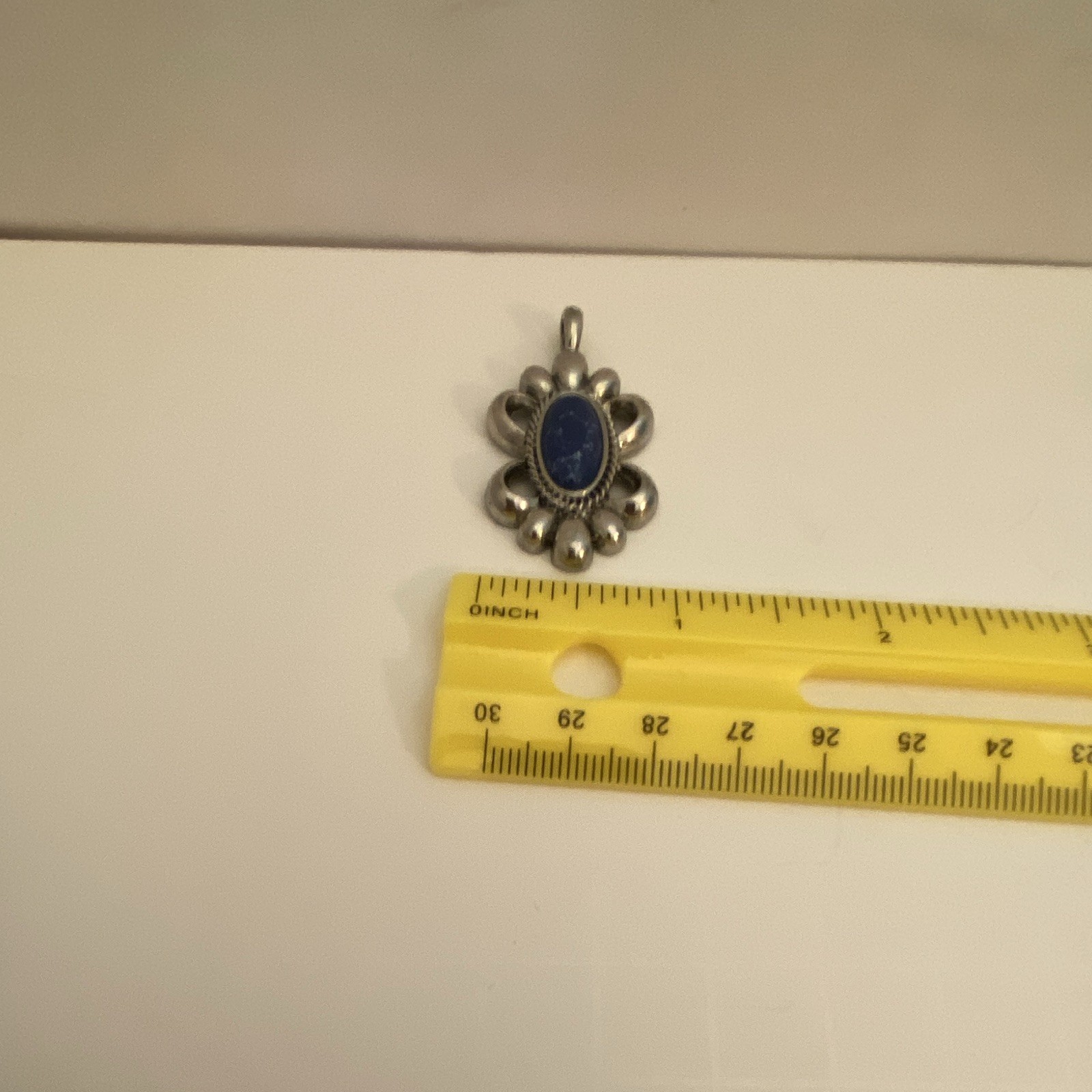 Silver Tone Floral Charm Pendant Blue Oval Cabochon Bezel Set Metal