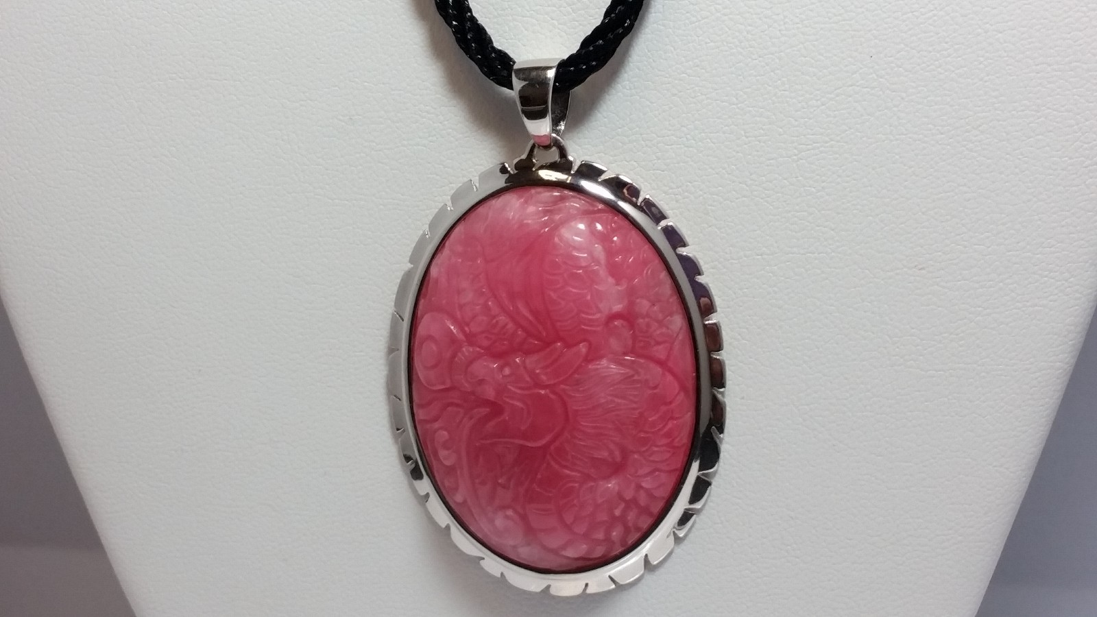 Genuine Carved Pink Quartzite Oval Silver Pendant 17 + 2 Extender Cord
