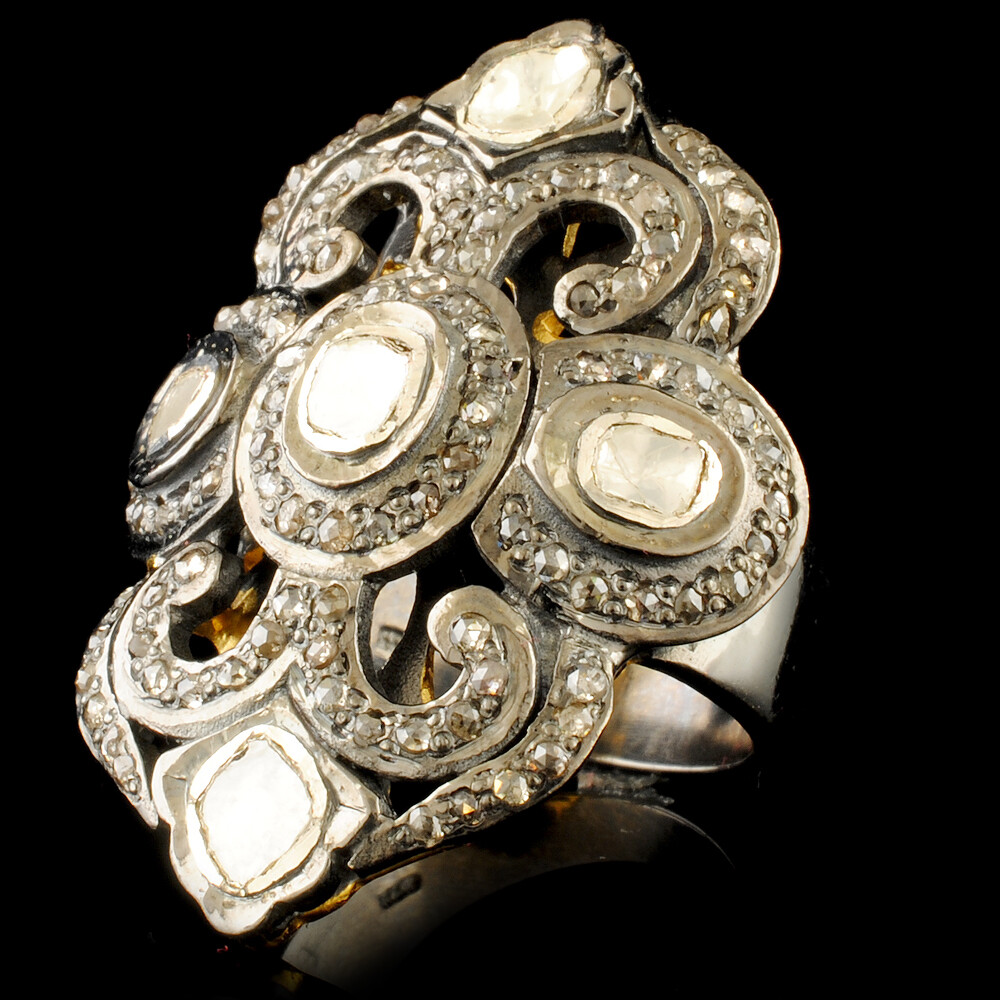 WJA CERTIFIED Tablet & Rose Cut Diamond .80CTW 925 Sterling Silver Ring 11.82g