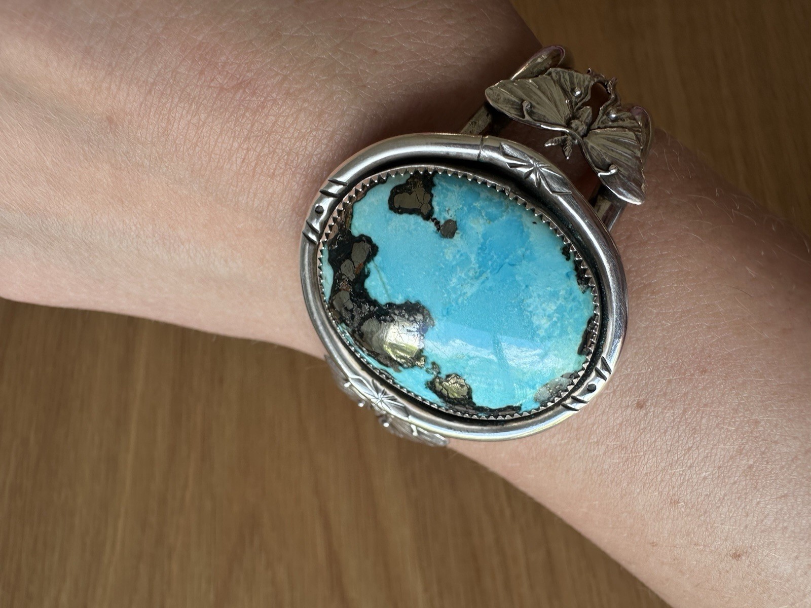 Morenci Turquoise Pyrite Sterling Silver 925 Cuff Lunar Moth By Sam Cigana