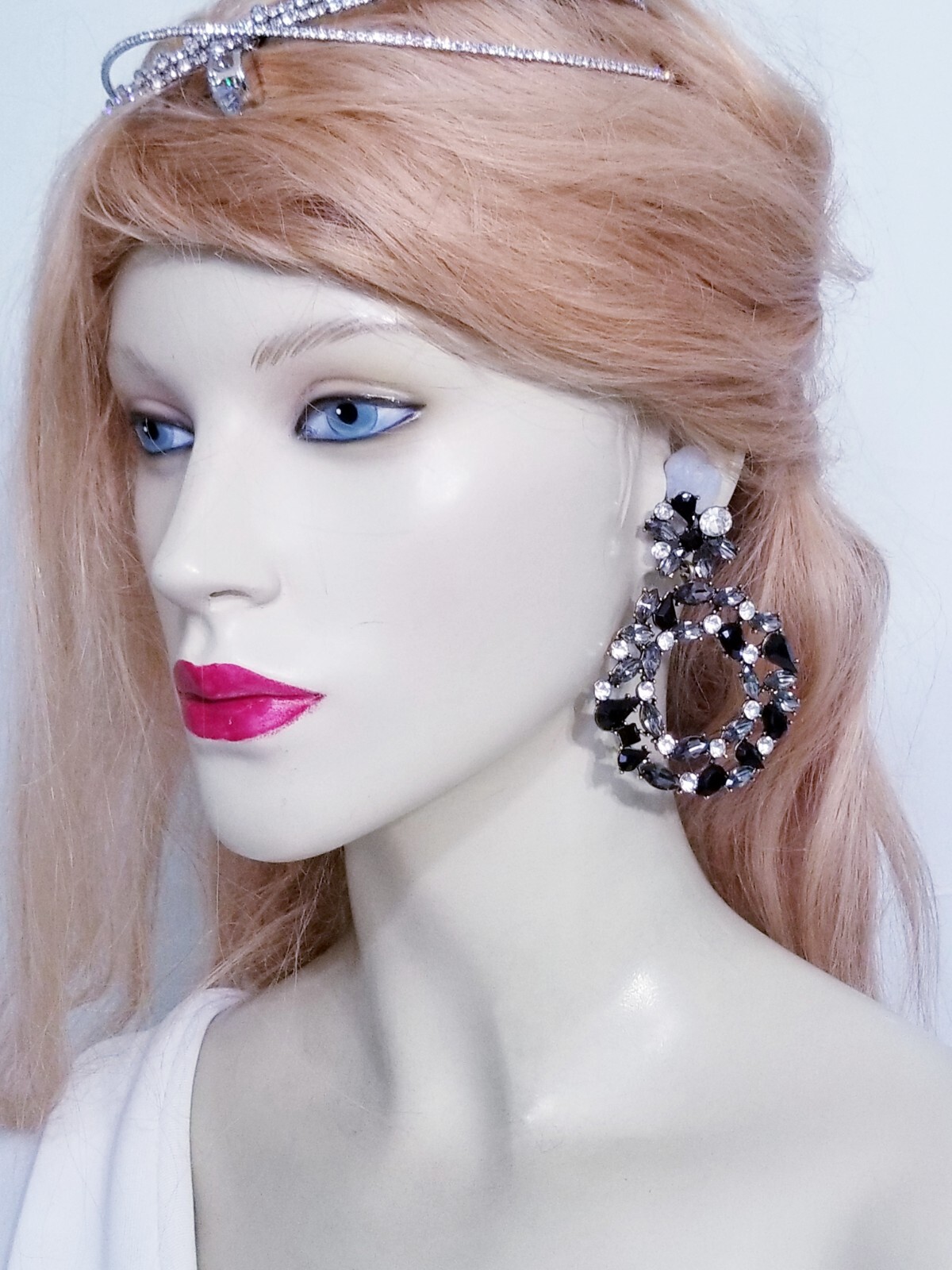 Chandelier Rhinestone Crystal Pageant Bridal Earrings Black Hoops Dangle 2.8 in
