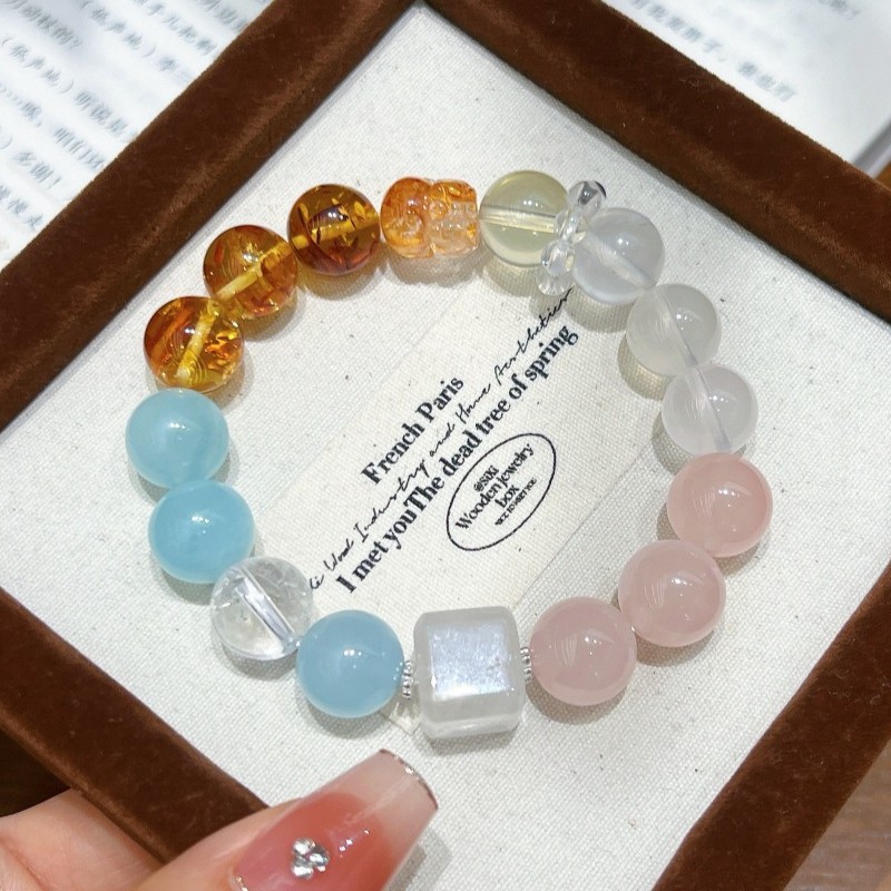 Natural Aquamarine, Rose Quartz, Beeswax, and Amber Handmade Bracelet