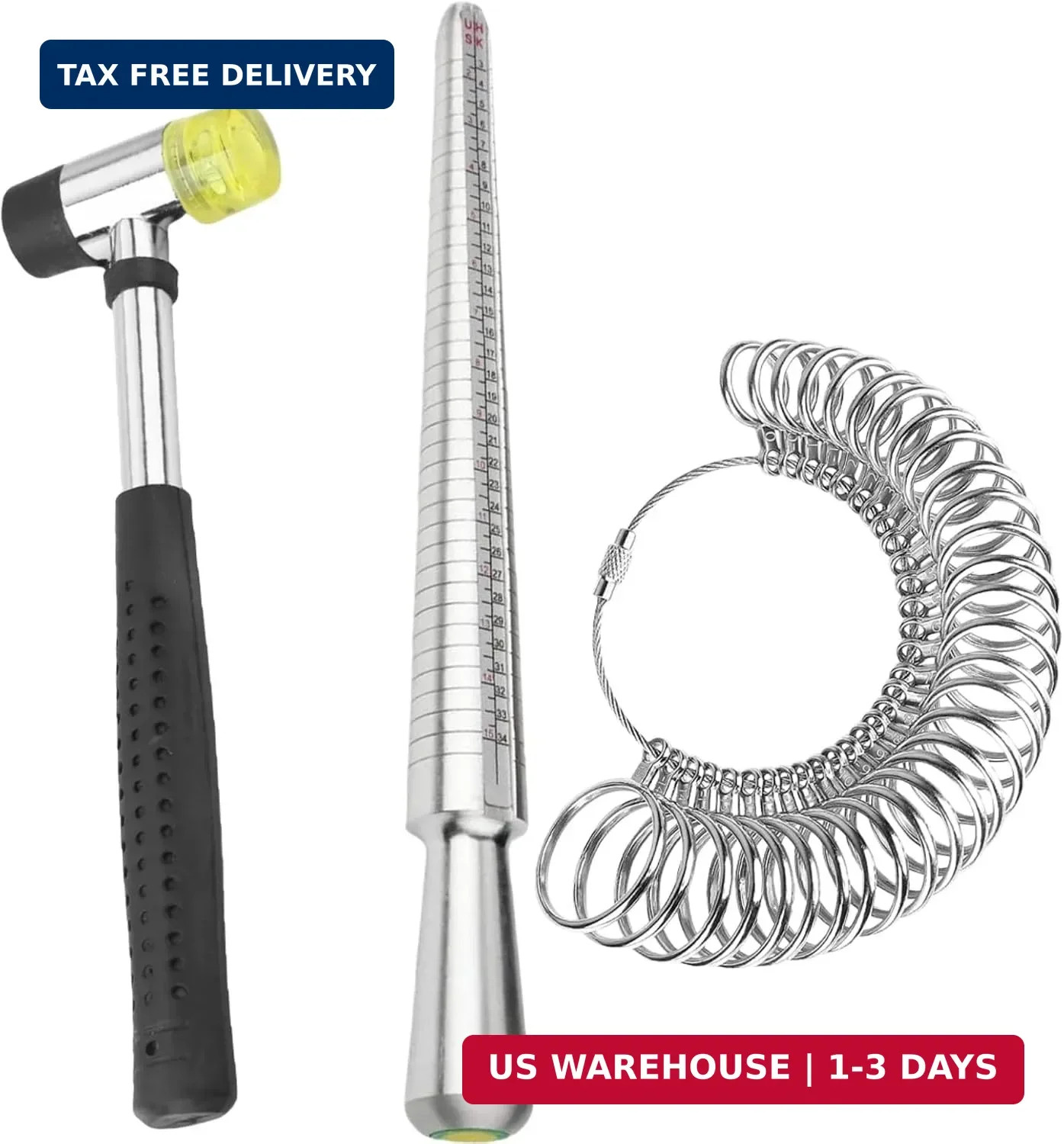 SDSLD Ring Mandrel Metal Ring Sizer Measuring Tool & Rubber Jewelry Hammer Ring