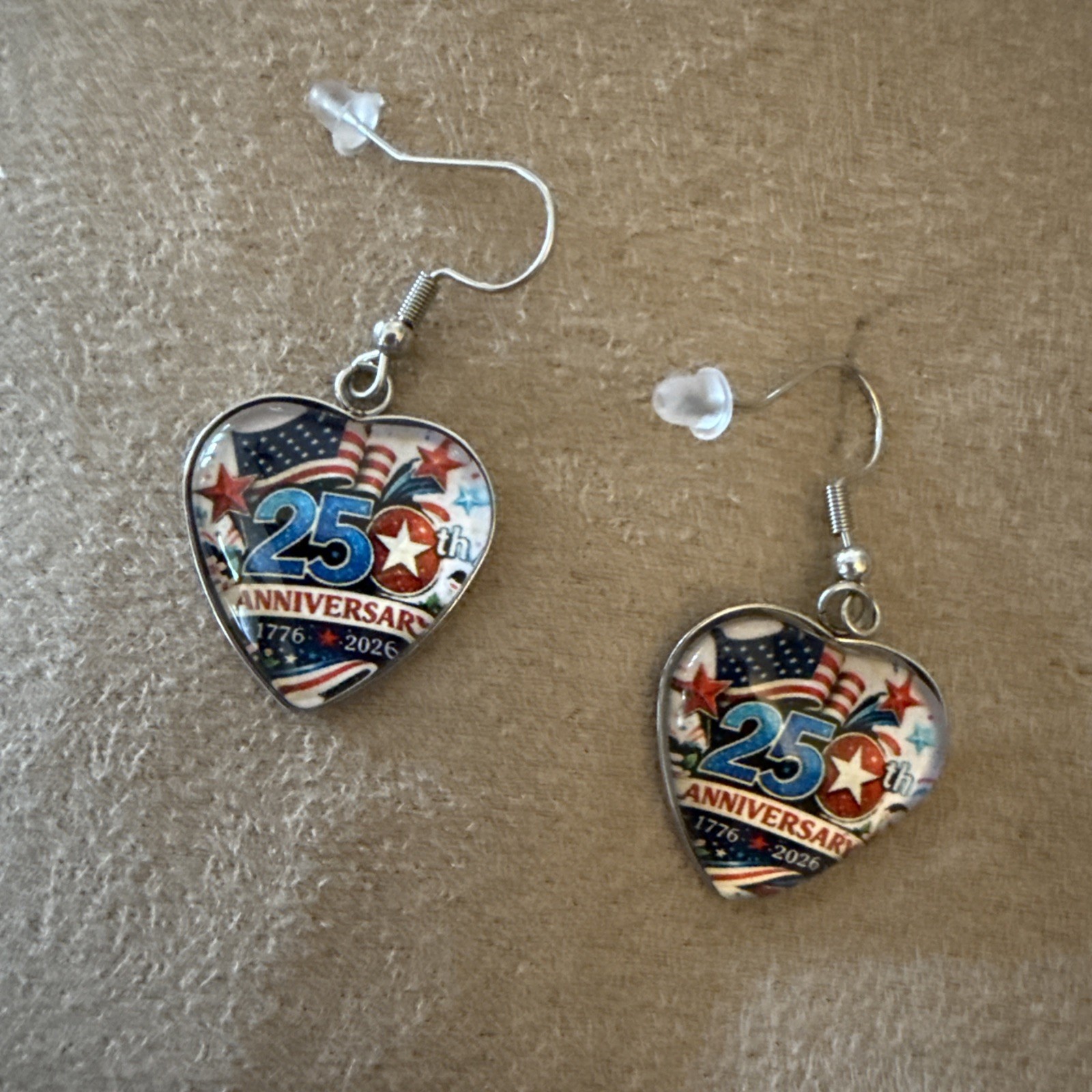 Love These 250th Anniversary W/American Flags Dangle Heart Shaped Earrings