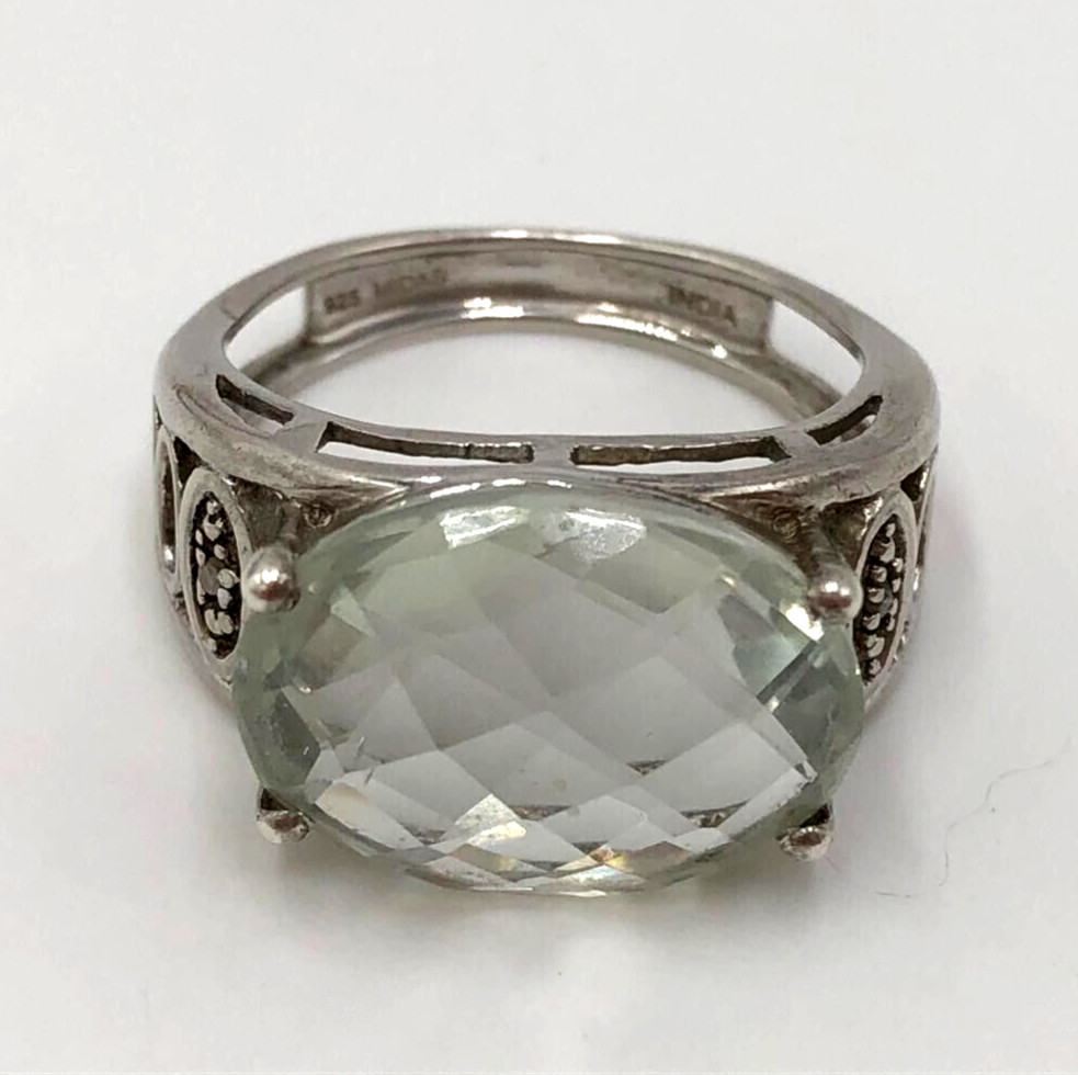 Vintage Signed MIDAS 925 Sterling Silver Mint Green Praisolite Ring SZ. 8