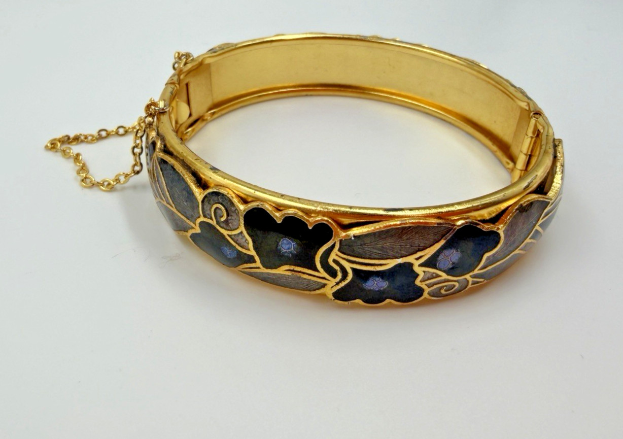 Vintage Bracelet Bangle Enamel Blue Floral Abstract Purple Hinged Push Lock