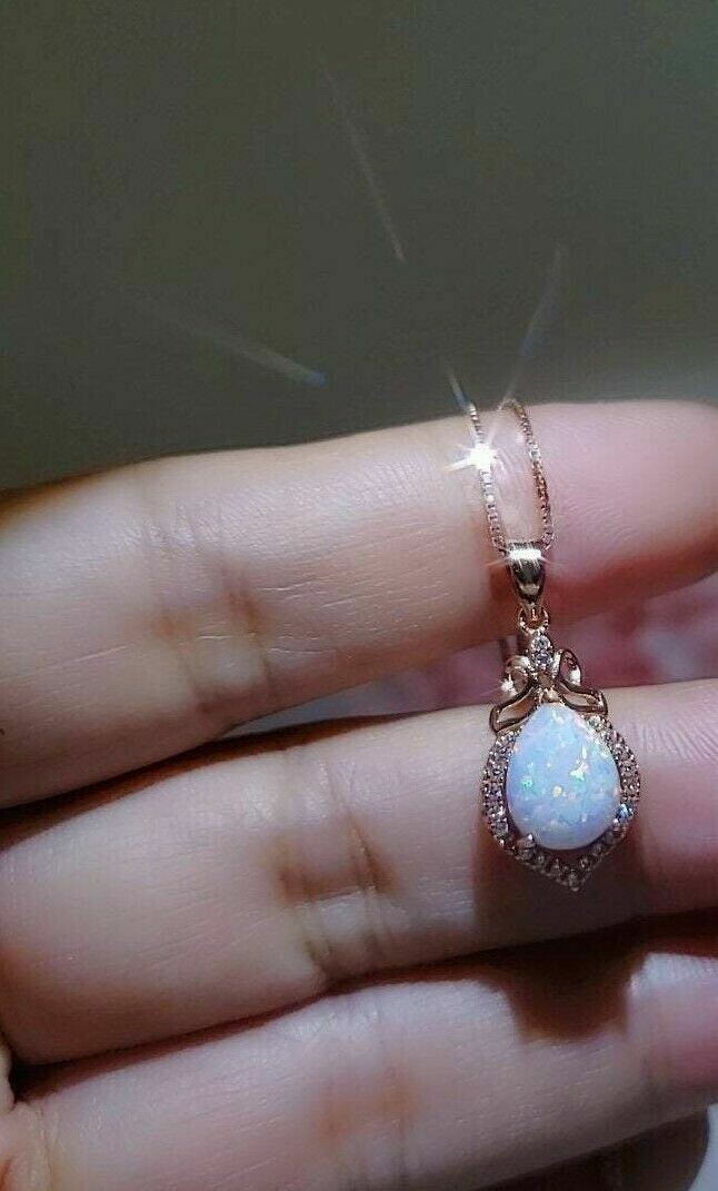 2Ct Pear Cut Fire Opal Teardrop Pendant Necklace Free Chain 14K Rose Gold Finish