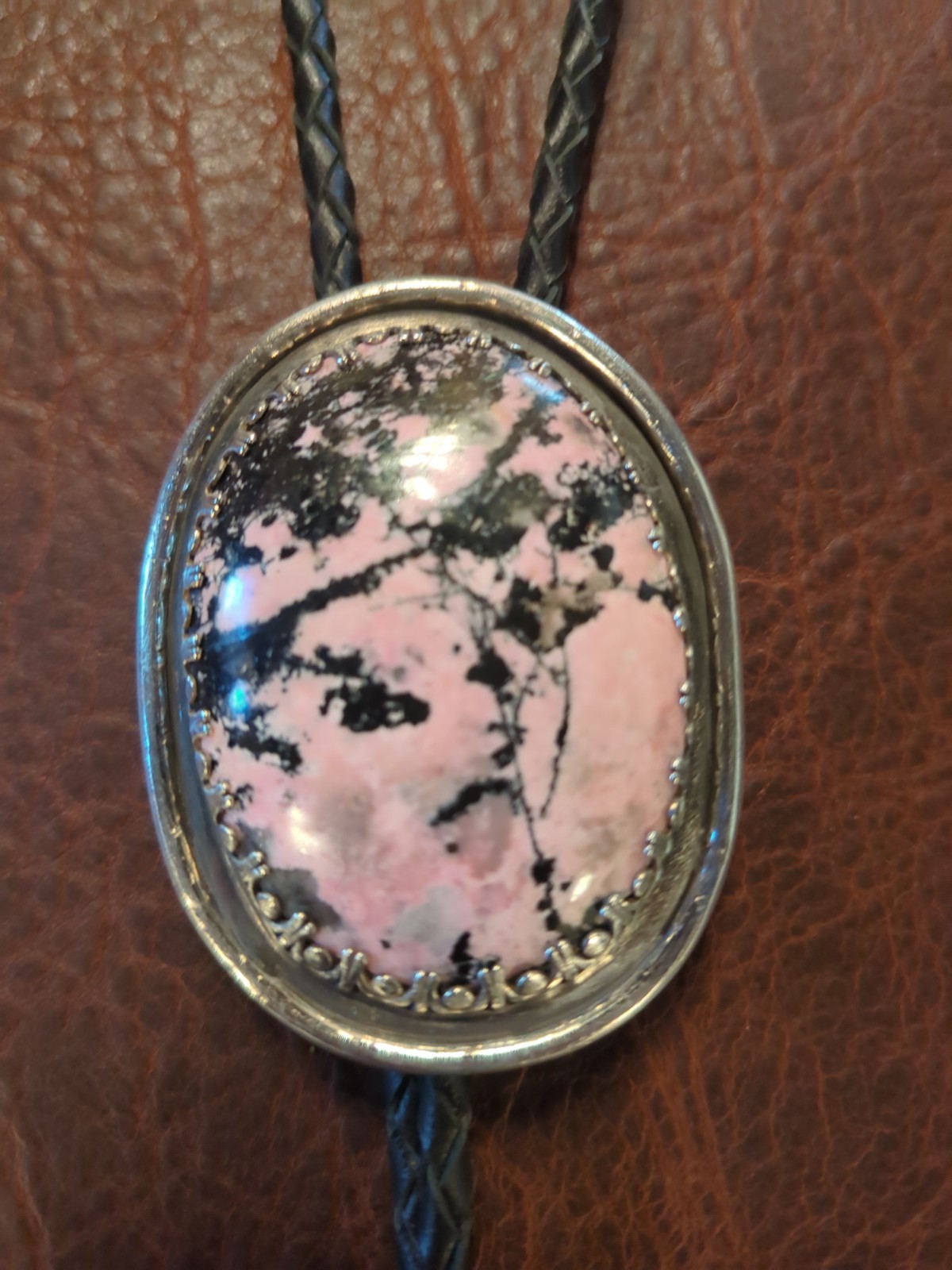 bolo tie sterling silver handmade rhodonite