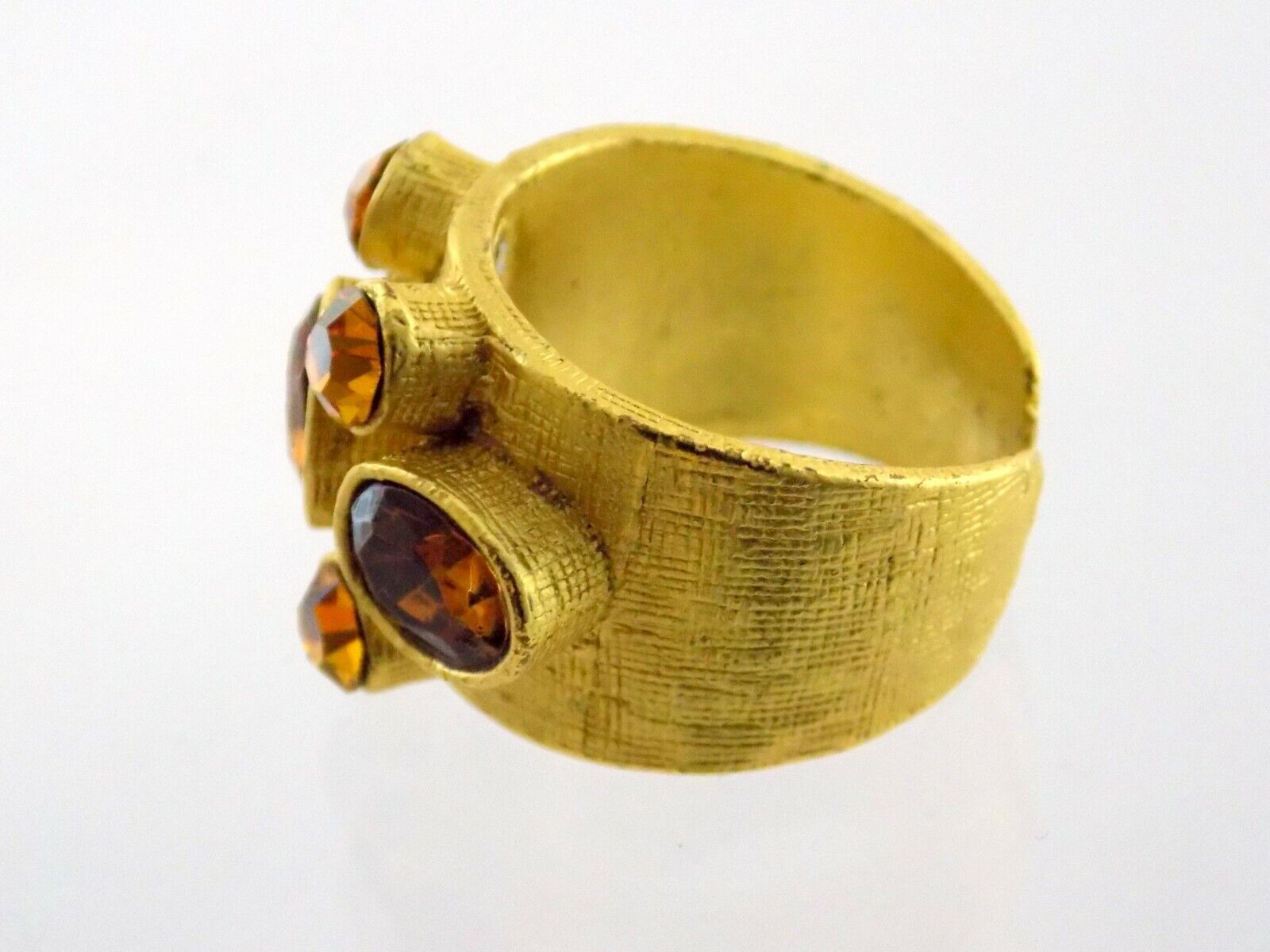 Goldtone Metal Brown Orange Rhinestones Ring Designer Signed White CZ Mark Sz 8