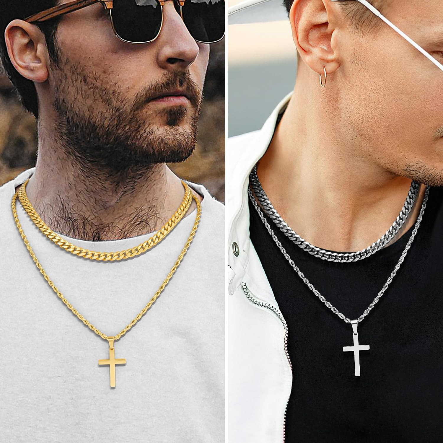 4Pcs Cross Necklace for Men Teen Boys,Stainless Steel Chains for Men Layered Nec