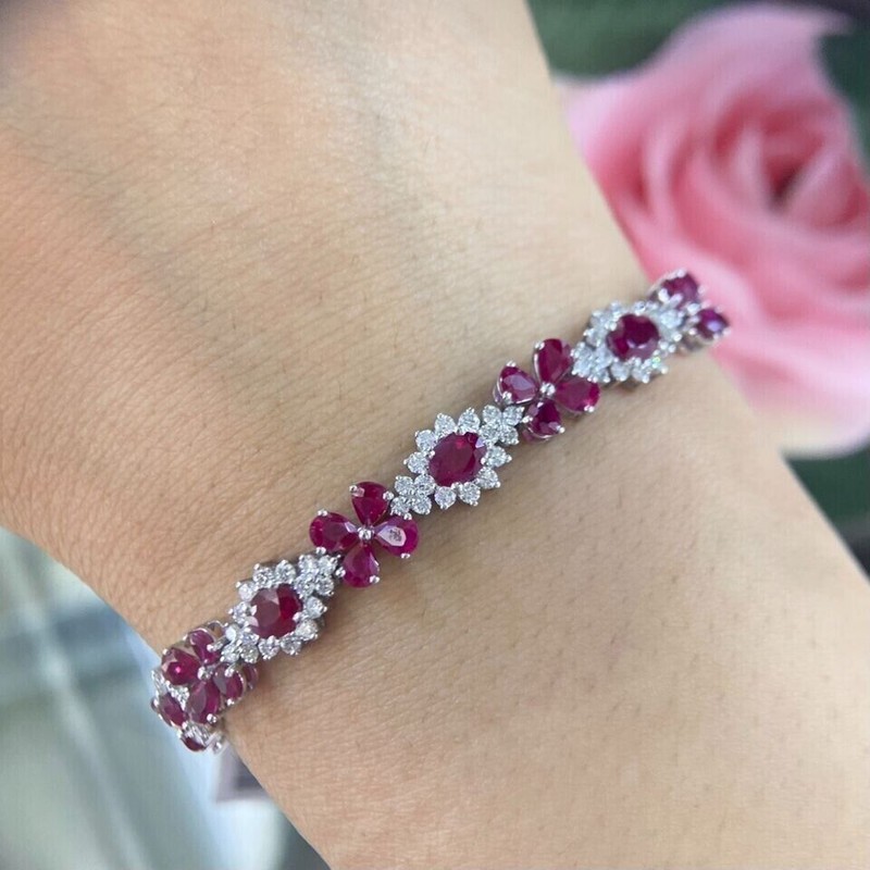 25.20 Ct Oval Cut Ruby & Moissanite Tennis Bracelet 14k White Gold Over