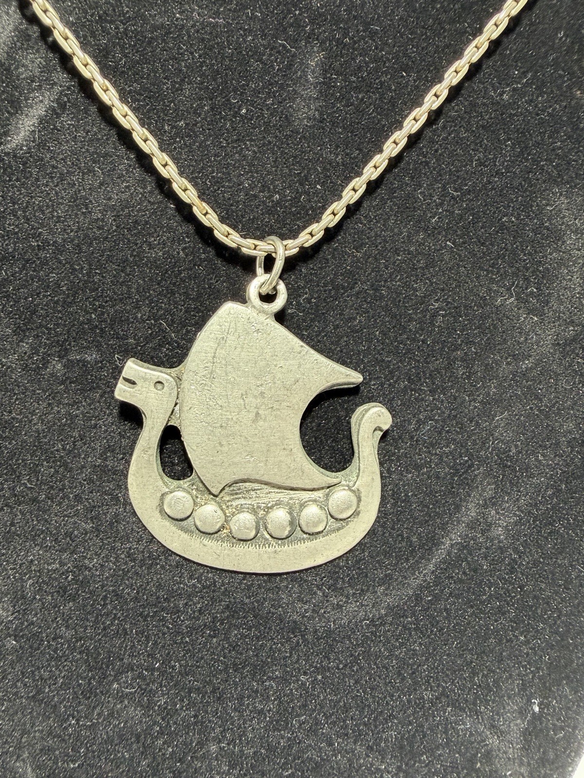 Vintage R. Tennesmed Sweden Pewter Viking Ship Pendant Necklace