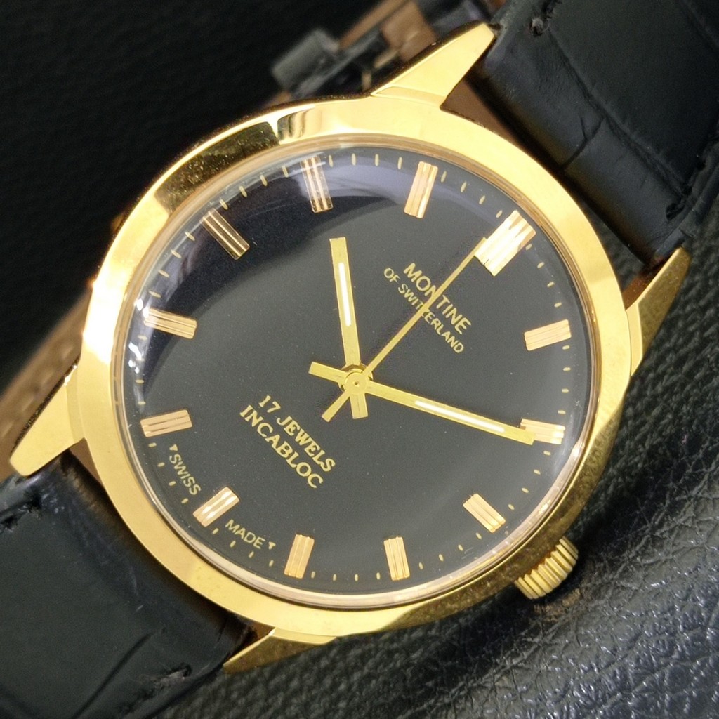 HAND-WINDING VINTAGE MONTINE SWISS MENS REFURBISHED BLACK DIAL WATCH a441064-1