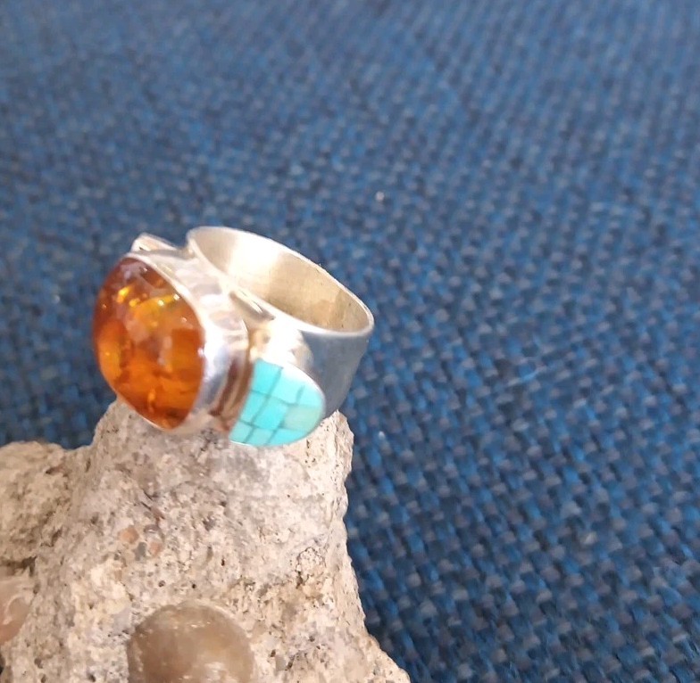 JAY KING DTR Amber & Turquoise Sterling Silver Ring Size 5