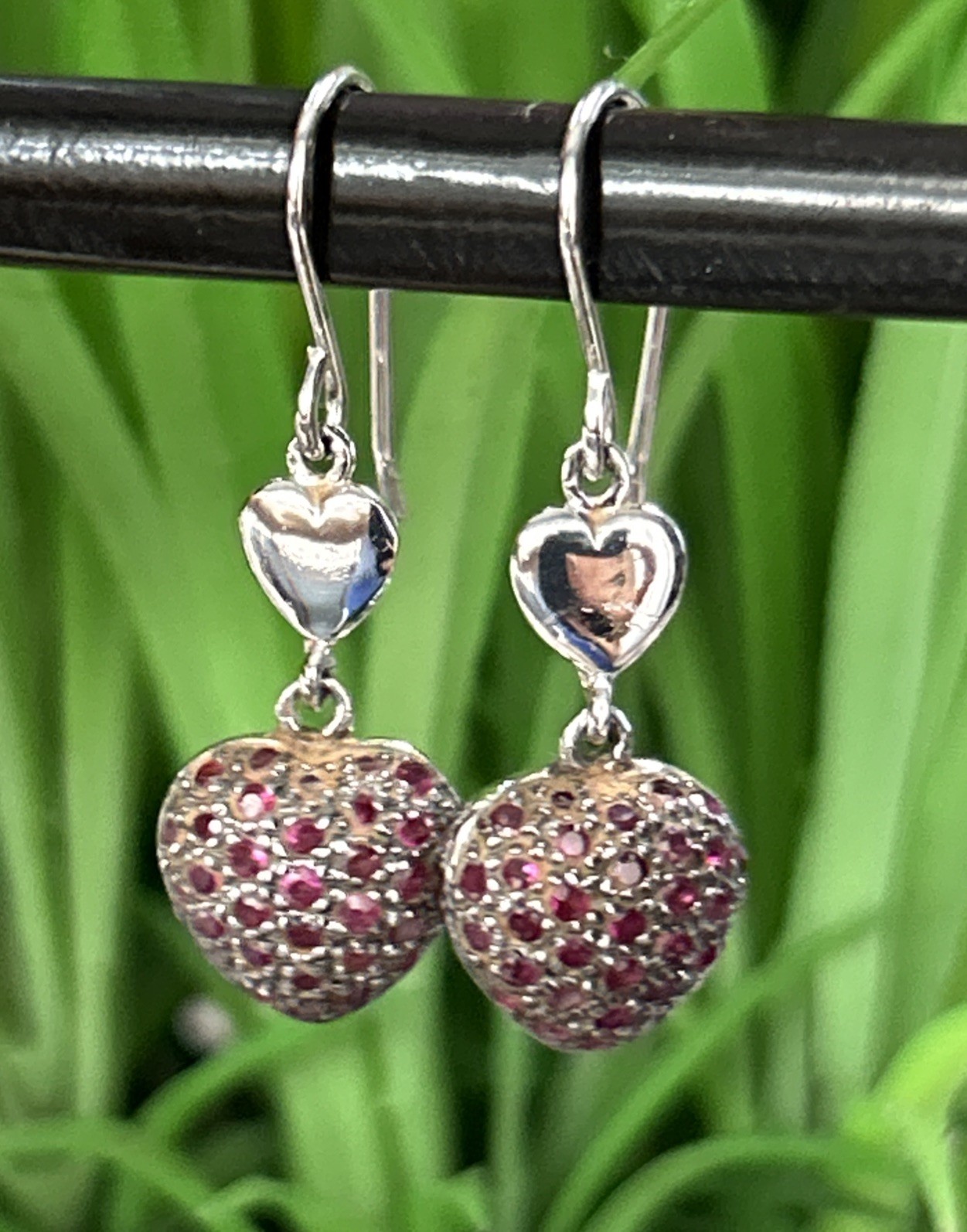 VTG OTC 925 Sterling Silver lab created Ruby Puffy Heart Pave Earrings 1.25” 4g