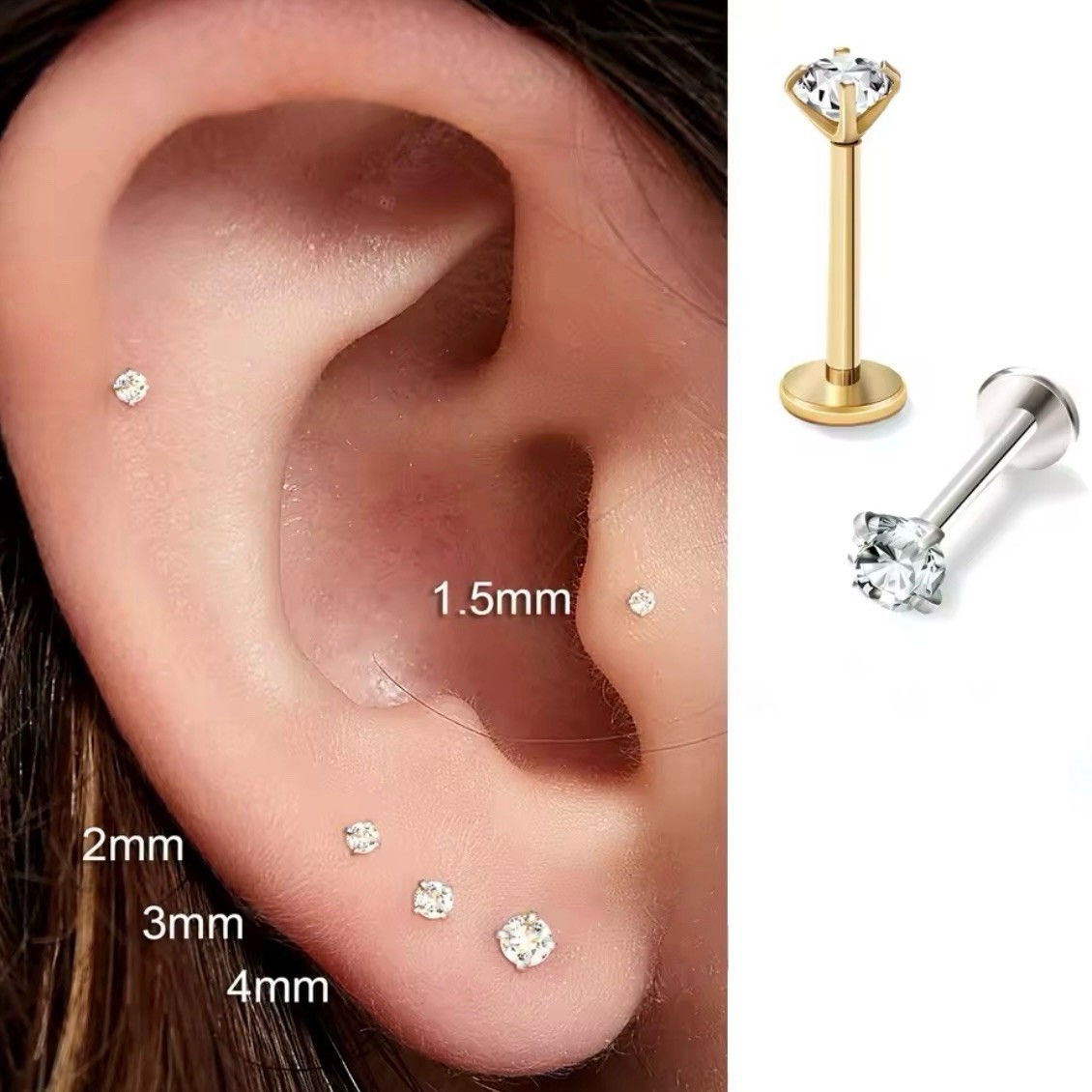 CZ Gem Stud Gold Or Silver – Push Pin – Surgical Steel – Lobe Helix Tragus Conch