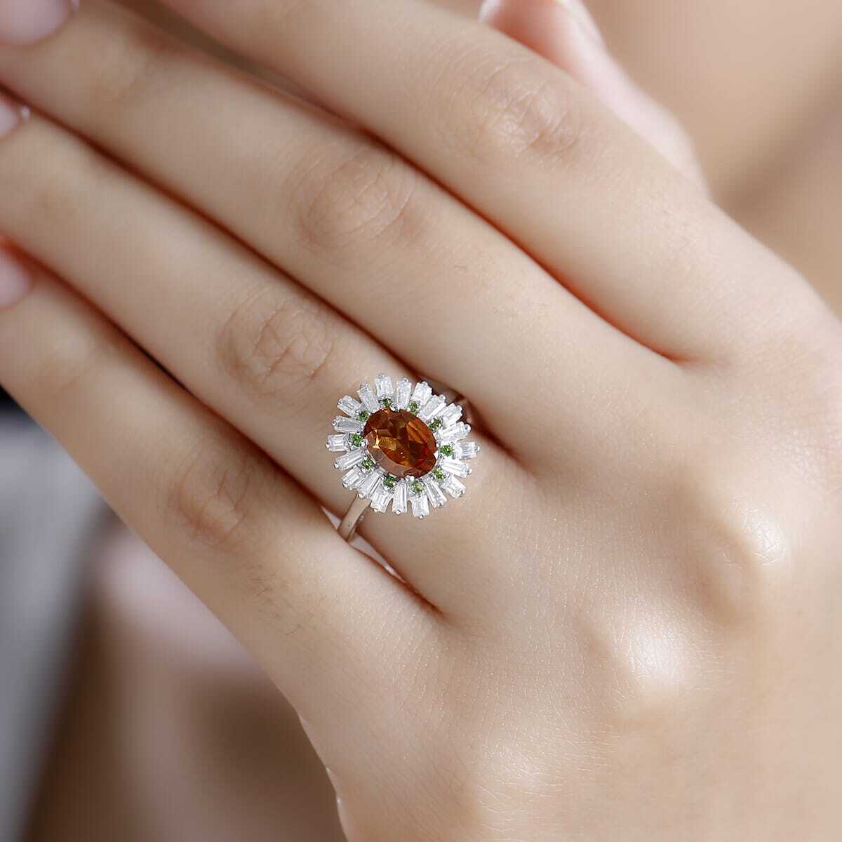 2.00ctw Ceylon Hessonite Garnet and Multigem Sunburst Ring Rhodium Plated Size 7