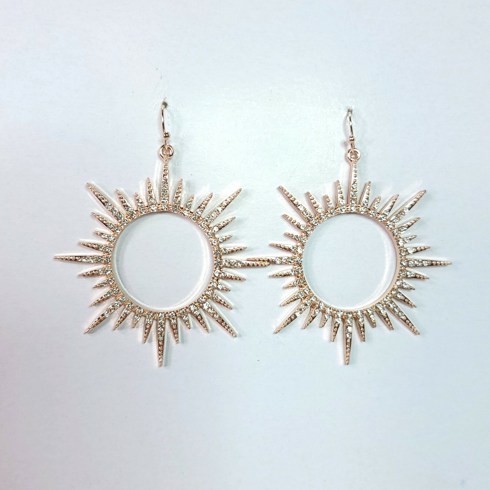 E0822 Rose Gold tone Clear Rhinestones Deco Sun Design Drop Dangle Earrings