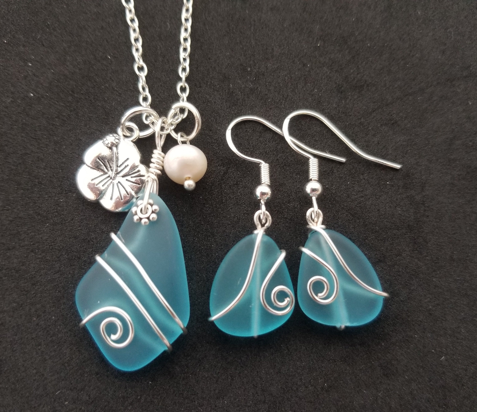 Made in Hawaii, Wire wrapped blue sea glass necklace + earrings jewelry set,