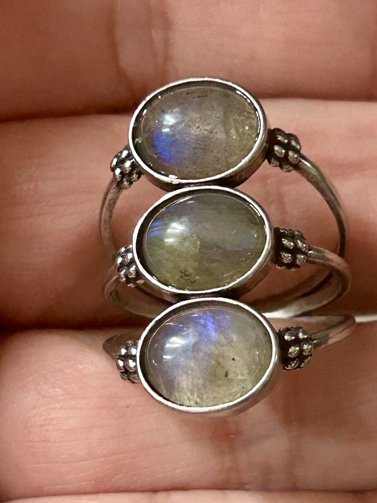 Triple Labradorite Crystal Ring Size 9 Silver S925 Jewelry Woman’s New
