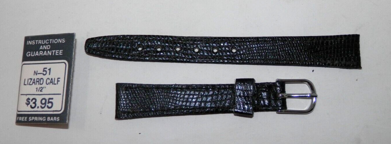 Vintage Flex-On Ladies Lizard Calf Watch Band 1/2″ Black Silver Buckle New NOS