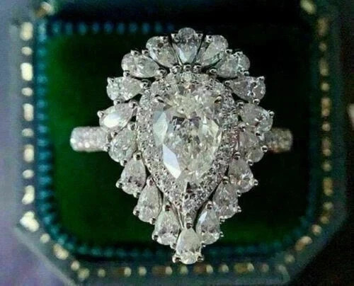 4 CT IGI Pear F-VS1 Lab Grown Diamond Engagement Women Halo Ring 14K White Gold