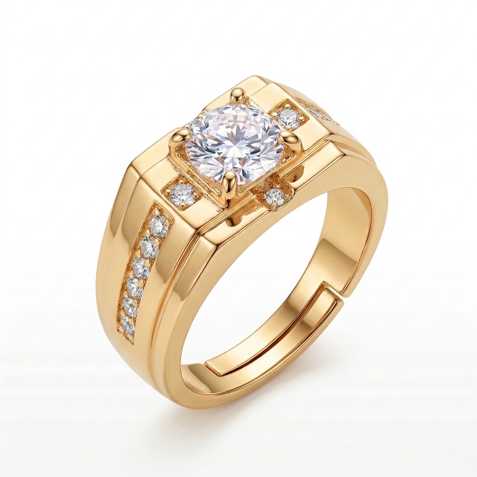 [US STOCK] Mens 18K Gold Plated Stainless Steel Ring Round CZ Square Frame Band