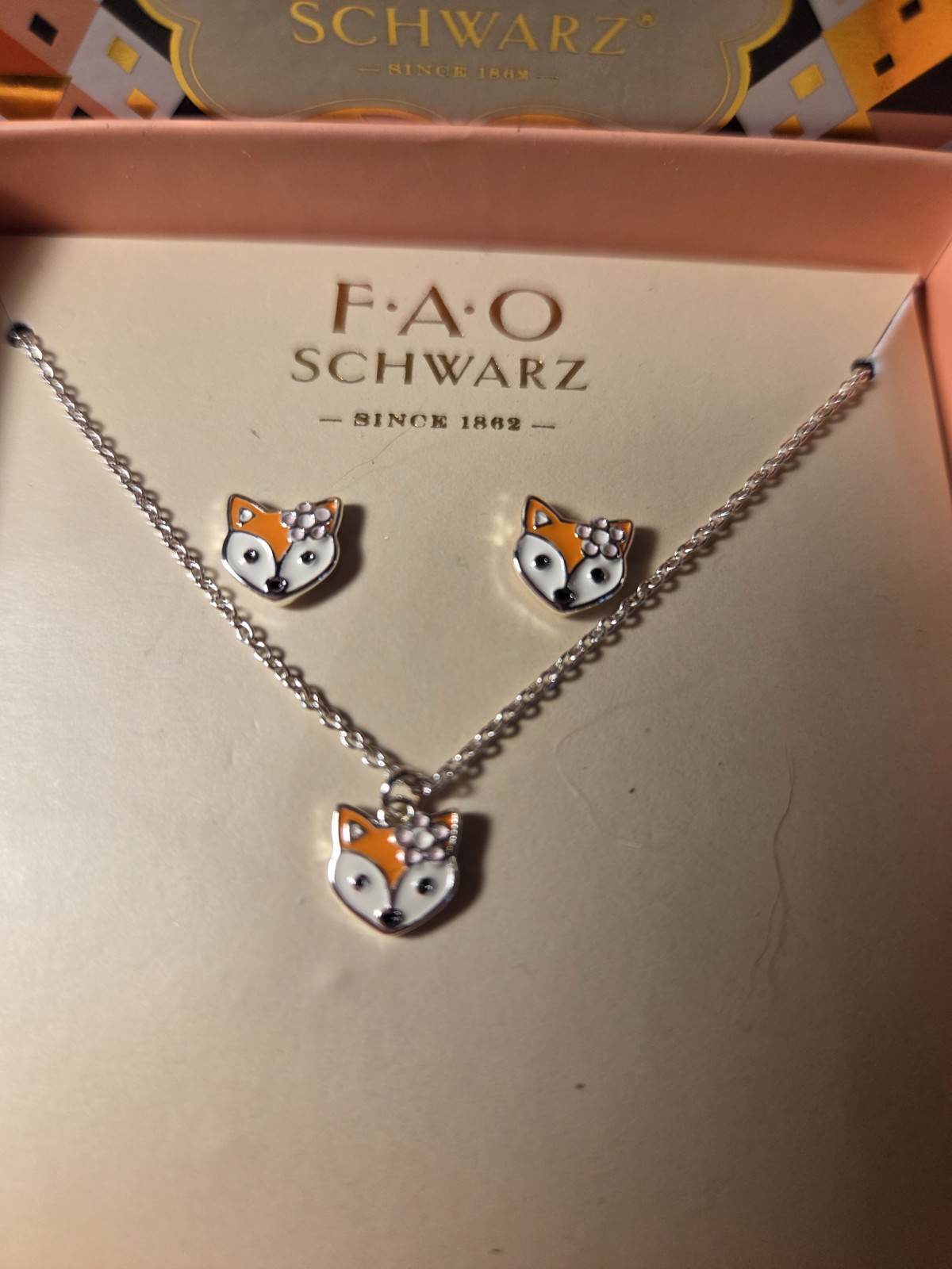 FAO Schwarz Fine Silver Plate Fox Necklace and Earring Set New in Box