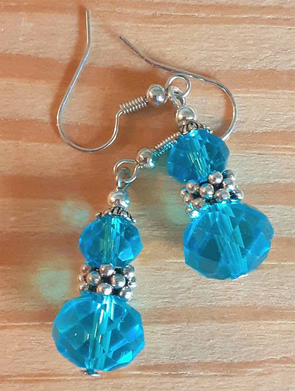 double AQUA BLUE Faceted CRYSTAL earring SP FISH HOOK handcrafted WPCF16