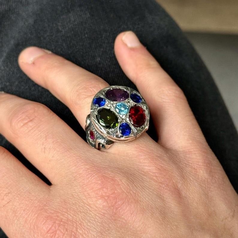 925 Silver Artisan Crafted Multi Stone Engraved Statement Ring
