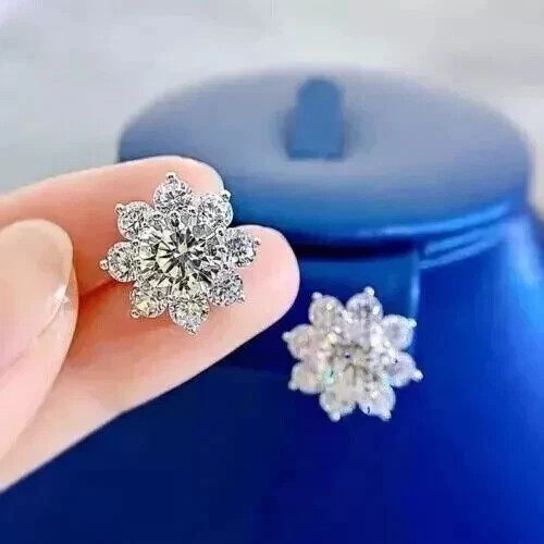 Sparkling Flower Stud Earrings Round Cut Simulated Diamond 14k White Gold Plated